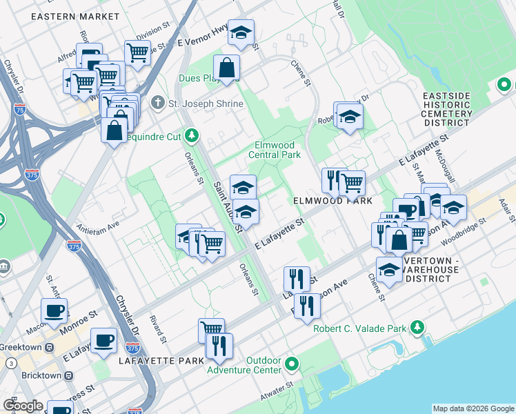 map of restaurants, bars, coffee shops, grocery stores, and more near 1100 Saint Aubin Place in Detroit