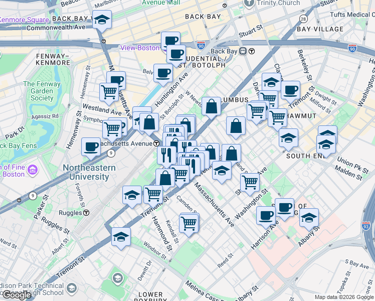 map of restaurants, bars, coffee shops, grocery stores, and more near 212 West Springfield Street in Boston