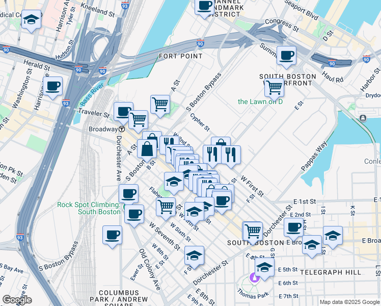 map of restaurants, bars, coffee shops, grocery stores, and more near 288 C Street in Boston