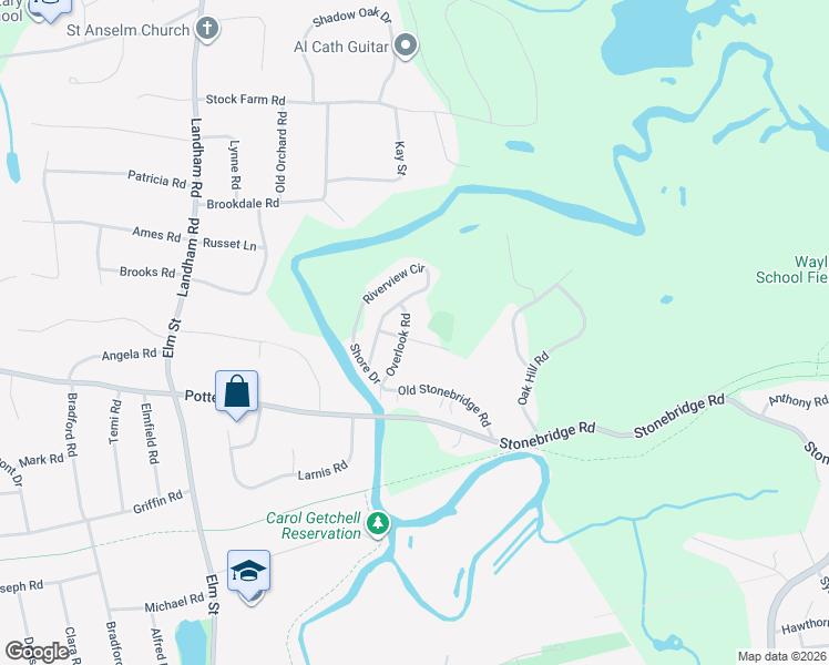 map of restaurants, bars, coffee shops, grocery stores, and more near 11 Overlook Road in Wayland