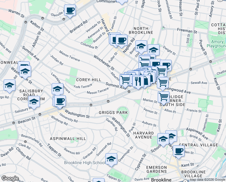 map of restaurants, bars, coffee shops, grocery stores, and more near 16 Short Street in Brookline