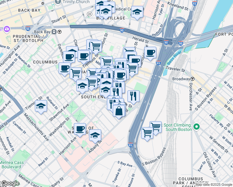 map of restaurants, bars, coffee shops, grocery stores, and more near 560 Harrison Avenue in Boston