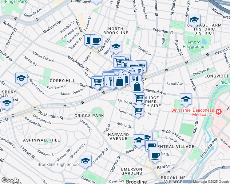 map of restaurants, bars, coffee shops, grocery stores, and more near in Brookline