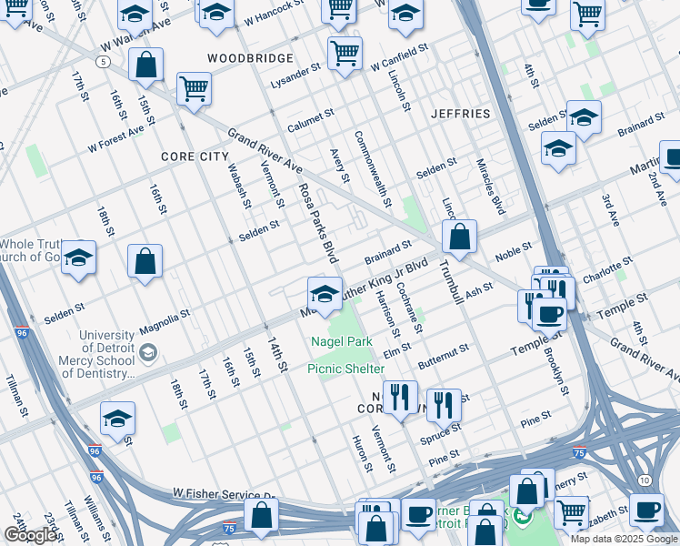 map of restaurants, bars, coffee shops, grocery stores, and more near 2001 Brainard Street in Detroit