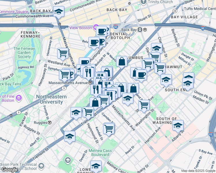 map of restaurants, bars, coffee shops, grocery stores, and more near 212 West Springfield Street in Boston