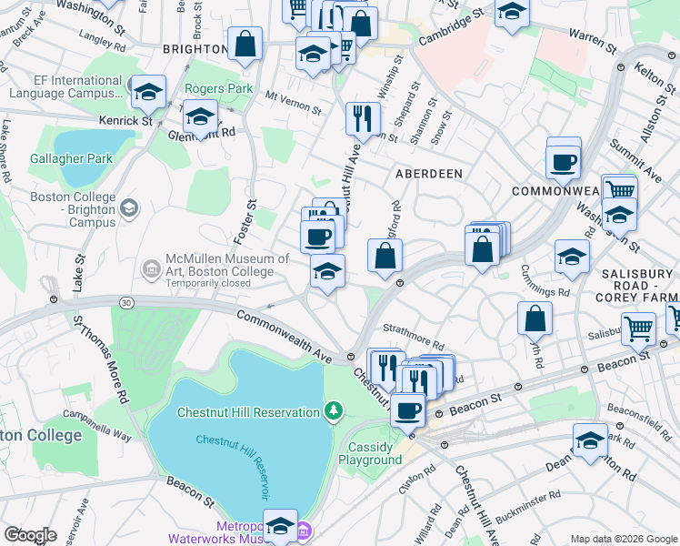 map of restaurants, bars, coffee shops, grocery stores, and more near 186 Chestnut Hill Avenue in Boston