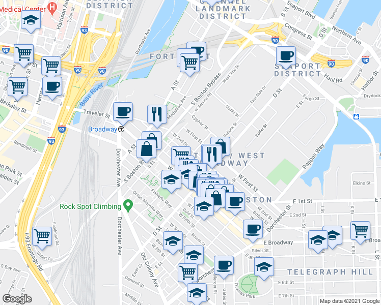 map of restaurants, bars, coffee shops, grocery stores, and more near 120 Bolton Street in Boston