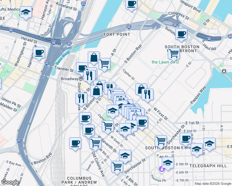 map of restaurants, bars, coffee shops, grocery stores, and more near 166 Athens Street in Boston