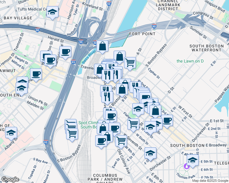 map of restaurants, bars, coffee shops, grocery stores, and more near 10 West Fifth Street in Boston