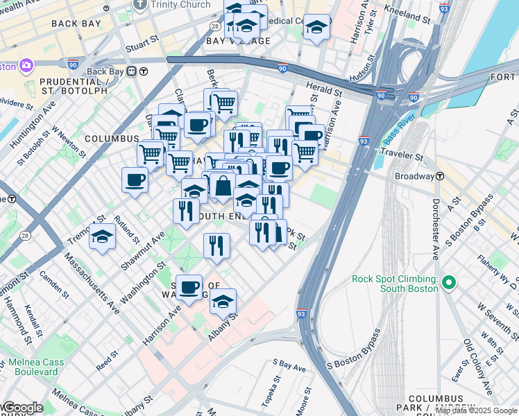 map of restaurants, bars, coffee shops, grocery stores, and more near 75 Union Park Street in Boston
