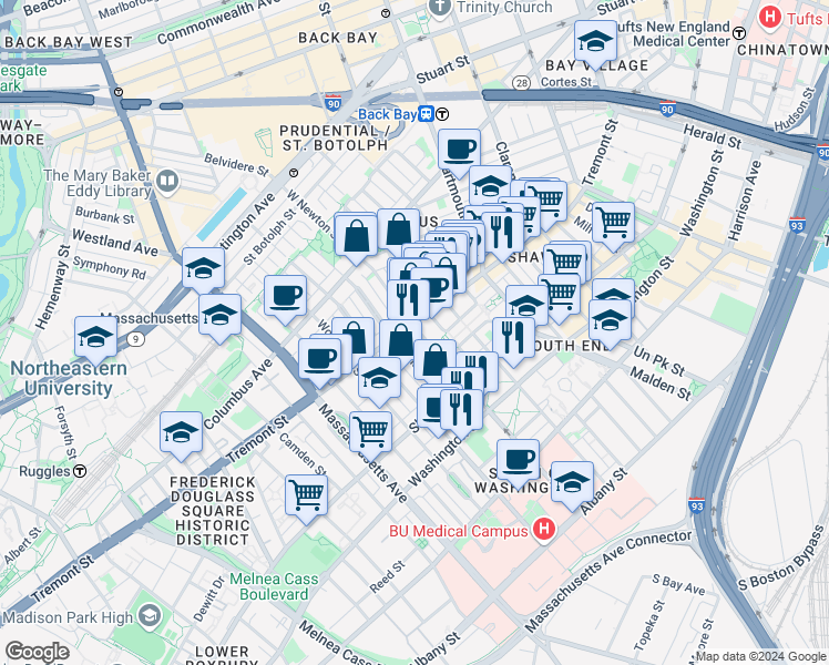 map of restaurants, bars, coffee shops, grocery stores, and more near 86 West Haven Street in Boston