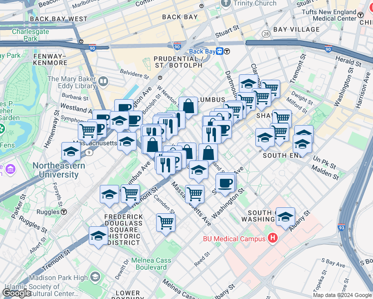 map of restaurants, bars, coffee shops, grocery stores, and more near 4 Concord Place in Boston