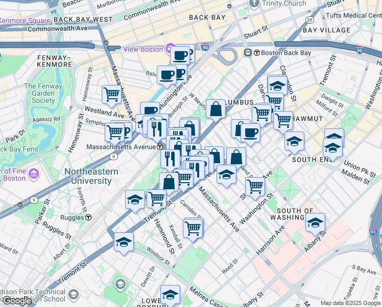 map of restaurants, bars, coffee shops, grocery stores, and more near 212 West Springfield Street in Boston