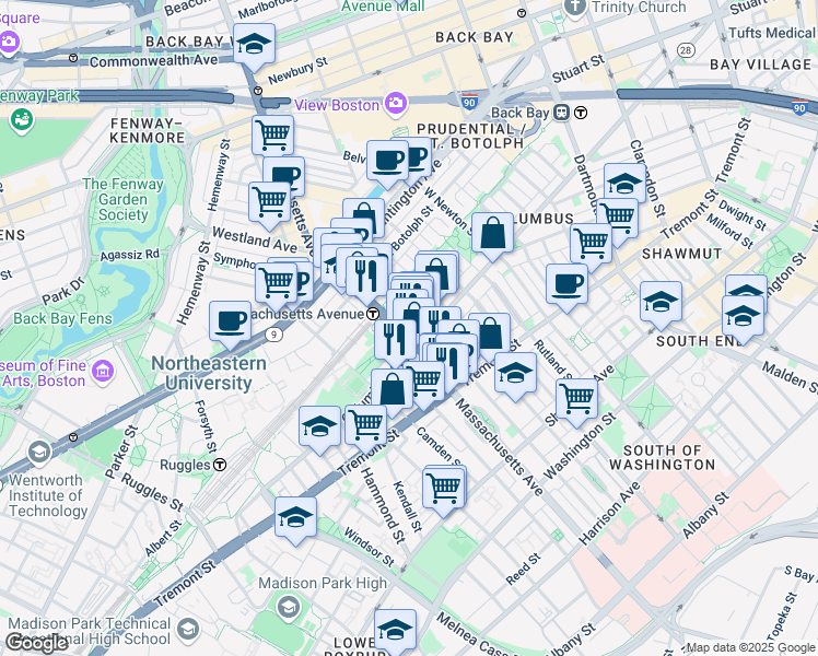 map of restaurants, bars, coffee shops, grocery stores, and more near in Boston