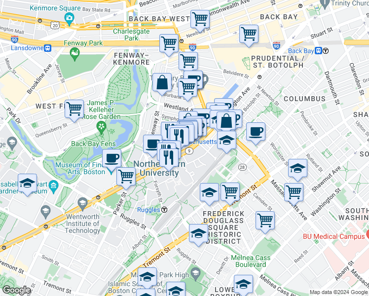 map of restaurants, bars, coffee shops, grocery stores, and more near 360 Huntington Avenue in Boston