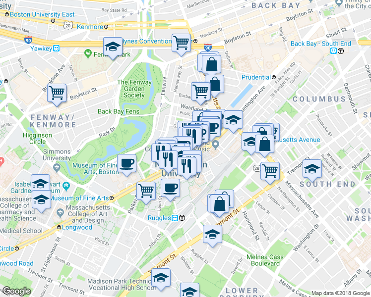 map of restaurants, bars, coffee shops, grocery stores, and more near in Boston