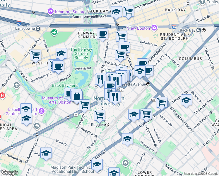 map of restaurants, bars, coffee shops, grocery stores, and more near in Boston