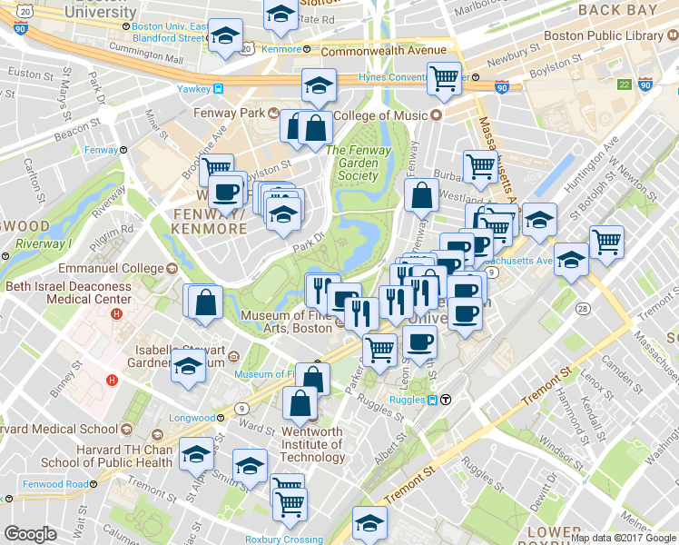 map of restaurants, bars, coffee shops, grocery stores, and more near 150 Fenway in Boston