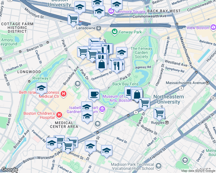 map of restaurants, bars, coffee shops, grocery stores, and more near 62 Kilmarnock Street in Boston