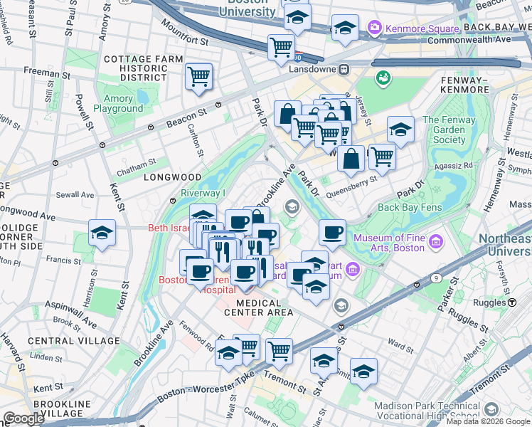 map of restaurants, bars, coffee shops, grocery stores, and more near 306 Brookline Avenue in Boston