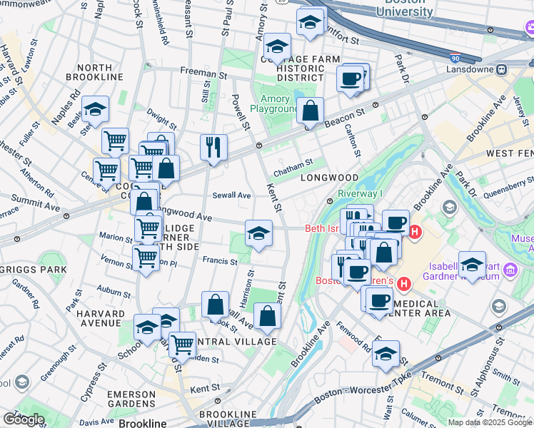 map of restaurants, bars, coffee shops, grocery stores, and more near 155 Longwood Avenue in Brookline