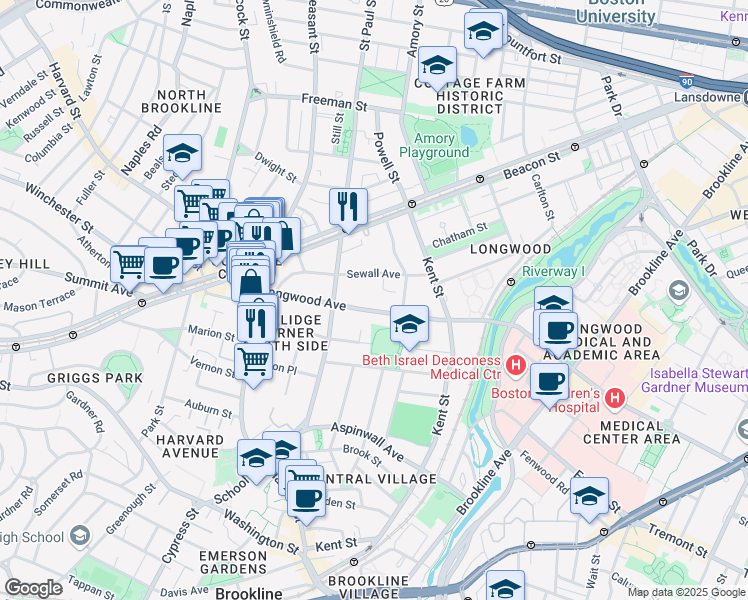 map of restaurants, bars, coffee shops, grocery stores, and more near 89 Longwood Avenue in Brookline