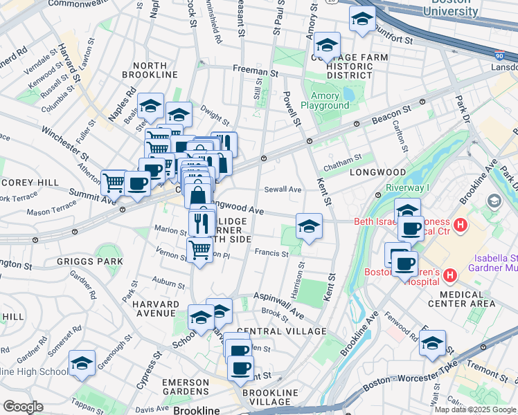 map of restaurants, bars, coffee shops, grocery stores, and more near 118 Saint Paul Street in Brookline