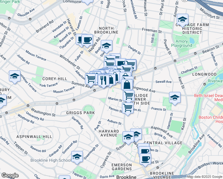 map of restaurants, bars, coffee shops, grocery stores, and more near in Brookline