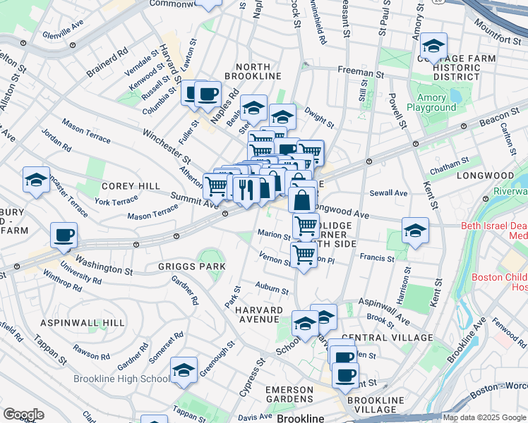 map of restaurants, bars, coffee shops, grocery stores, and more near in Brookline