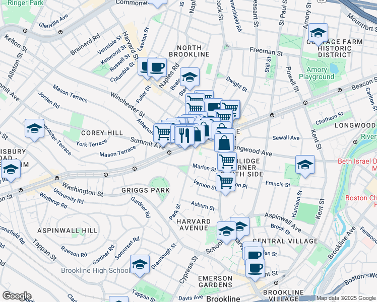 map of restaurants, bars, coffee shops, grocery stores, and more near in Brookline