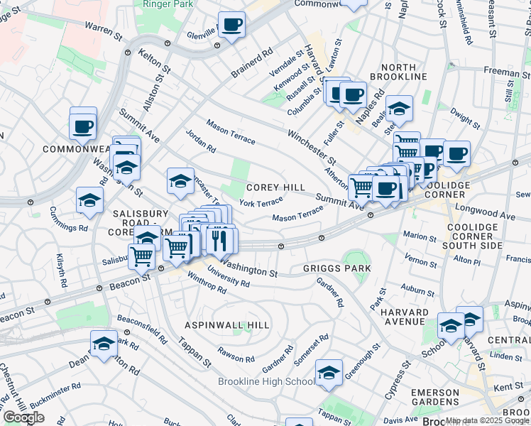 map of restaurants, bars, coffee shops, grocery stores, and more near in Brookline