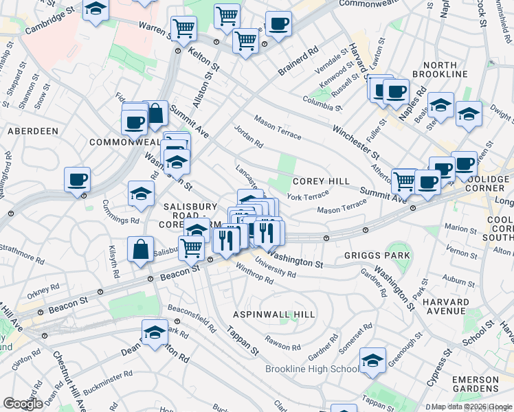map of restaurants, bars, coffee shops, grocery stores, and more near 50 Westbourne Terrace in Brookline