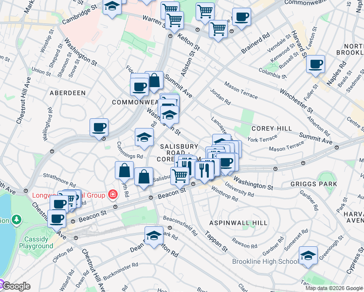 map of restaurants, bars, coffee shops, grocery stores, and more near 31 Evans Road in Brookline
