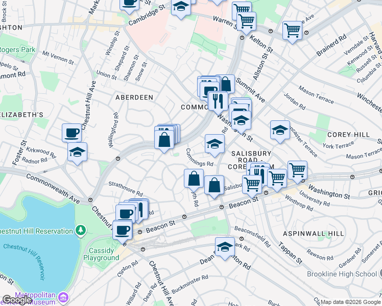 map of restaurants, bars, coffee shops, grocery stores, and more near 36 Cummings Road in Boston