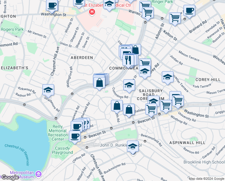 map of restaurants, bars, coffee shops, grocery stores, and more near 36 Cummings Road in Boston