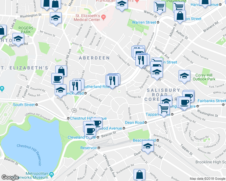 map of restaurants, bars, coffee shops, grocery stores, and more near 113 Kilsyth Road in Boston