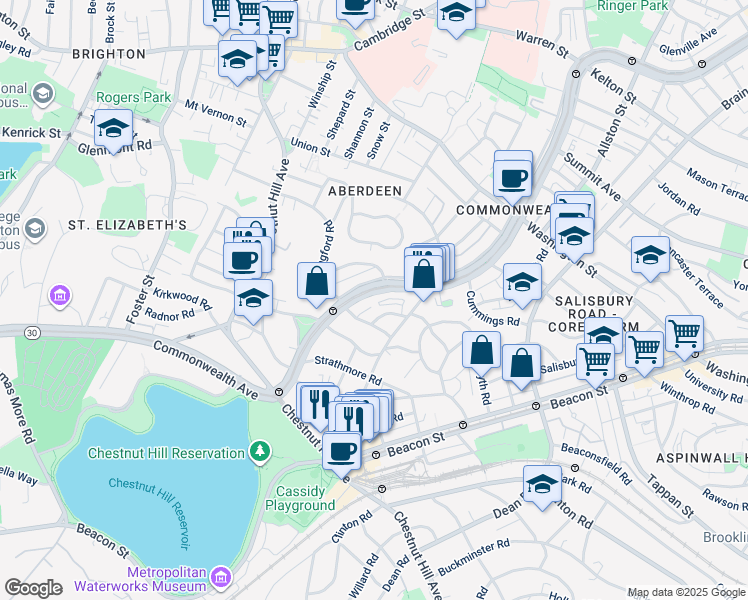 map of restaurants, bars, coffee shops, grocery stores, and more near 8 Kinross Road in Boston