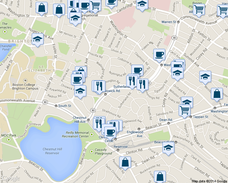 map of restaurants, bars, coffee shops, grocery stores, and more near 8 Kinross Road in Boston