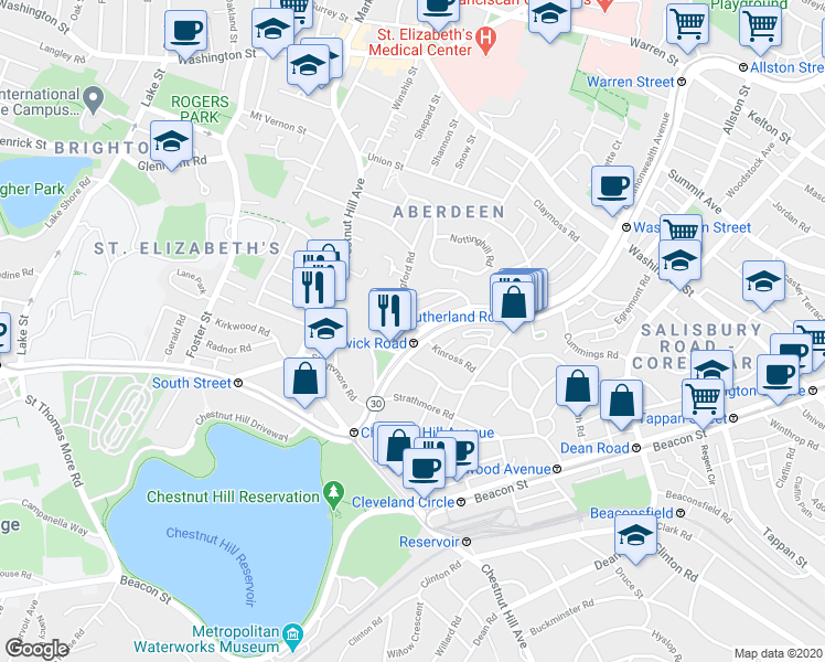 map of restaurants, bars, coffee shops, grocery stores, and more near in Boston