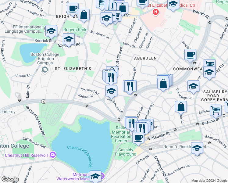 map of restaurants, bars, coffee shops, grocery stores, and more near 186 Chestnut Hill Avenue in Boston