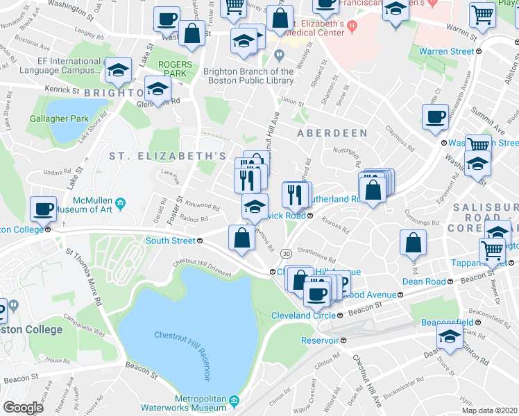 map of restaurants, bars, coffee shops, grocery stores, and more near 186 Chestnut Hill Avenue in Boston