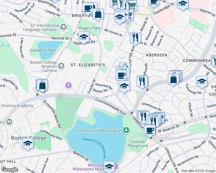 map of restaurants, bars, coffee shops, grocery stores, and more near 49 Radnor Road in Boston