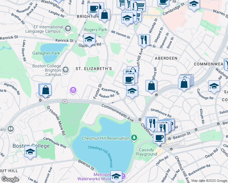 map of restaurants, bars, coffee shops, grocery stores, and more near 49 Radnor Road in Boston