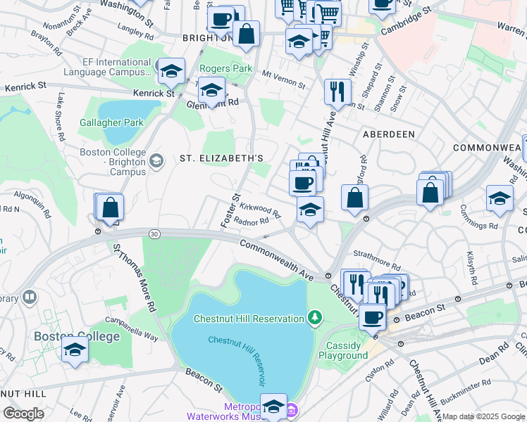 map of restaurants, bars, coffee shops, grocery stores, and more near 49 Radnor Road in Boston