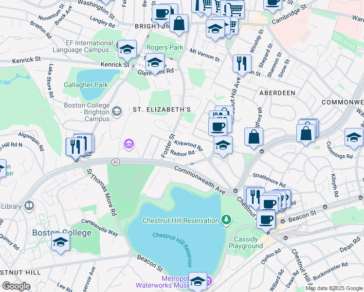 map of restaurants, bars, coffee shops, grocery stores, and more near 15 Radnor Road in Boston