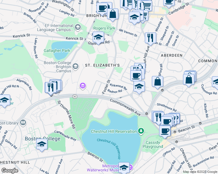map of restaurants, bars, coffee shops, grocery stores, and more near 15 Radnor Road in Boston