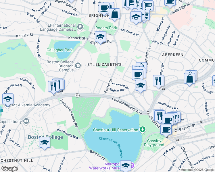 map of restaurants, bars, coffee shops, grocery stores, and more near 15 Radnor Road in Boston