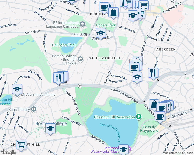 map of restaurants, bars, coffee shops, grocery stores, and more near 5 Greycliff Road in Boston