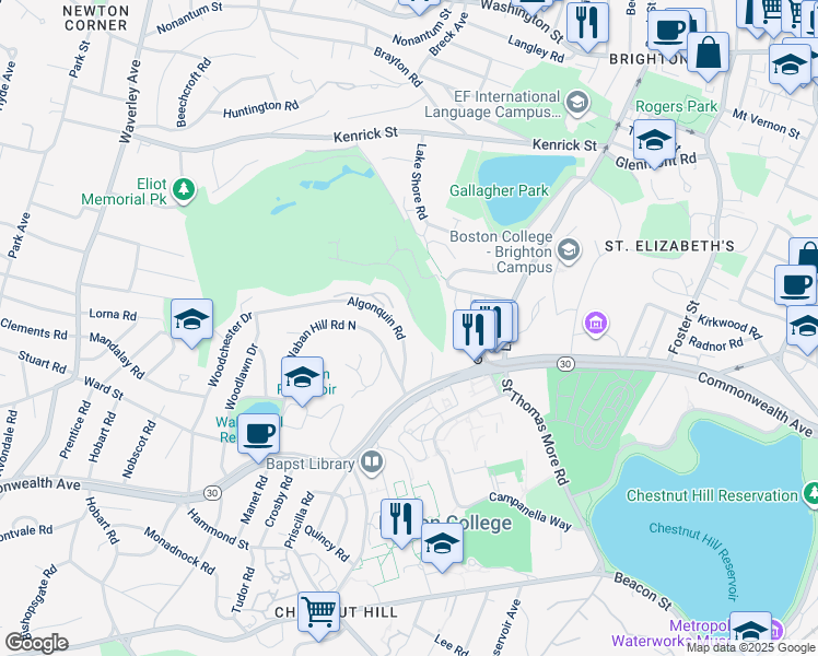 map of restaurants, bars, coffee shops, grocery stores, and more near 33 Waban Hill Road North in Newton