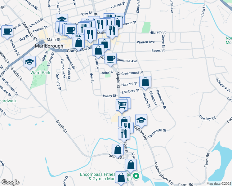 map of restaurants, bars, coffee shops, grocery stores, and more near 192 Maple Street in Marlborough